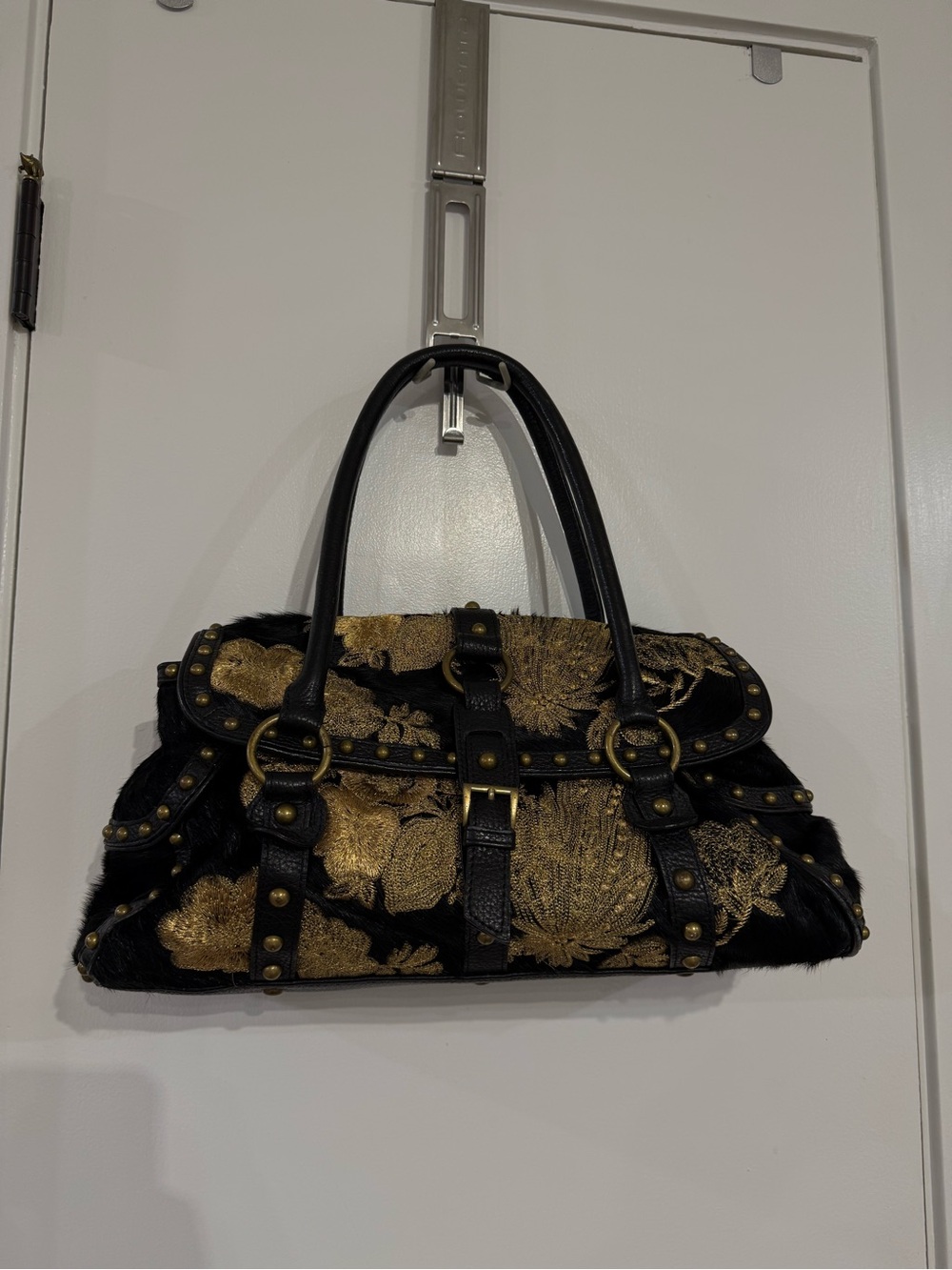 Beverly Feldman Hair & Leather Black & Gold Embroidered & Studded Bag